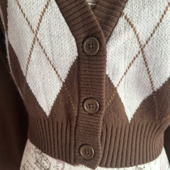 H&M Divided Brown and White Argyle Loose Cropped Cardigan - Women’s Size S - Picture 2 of 10